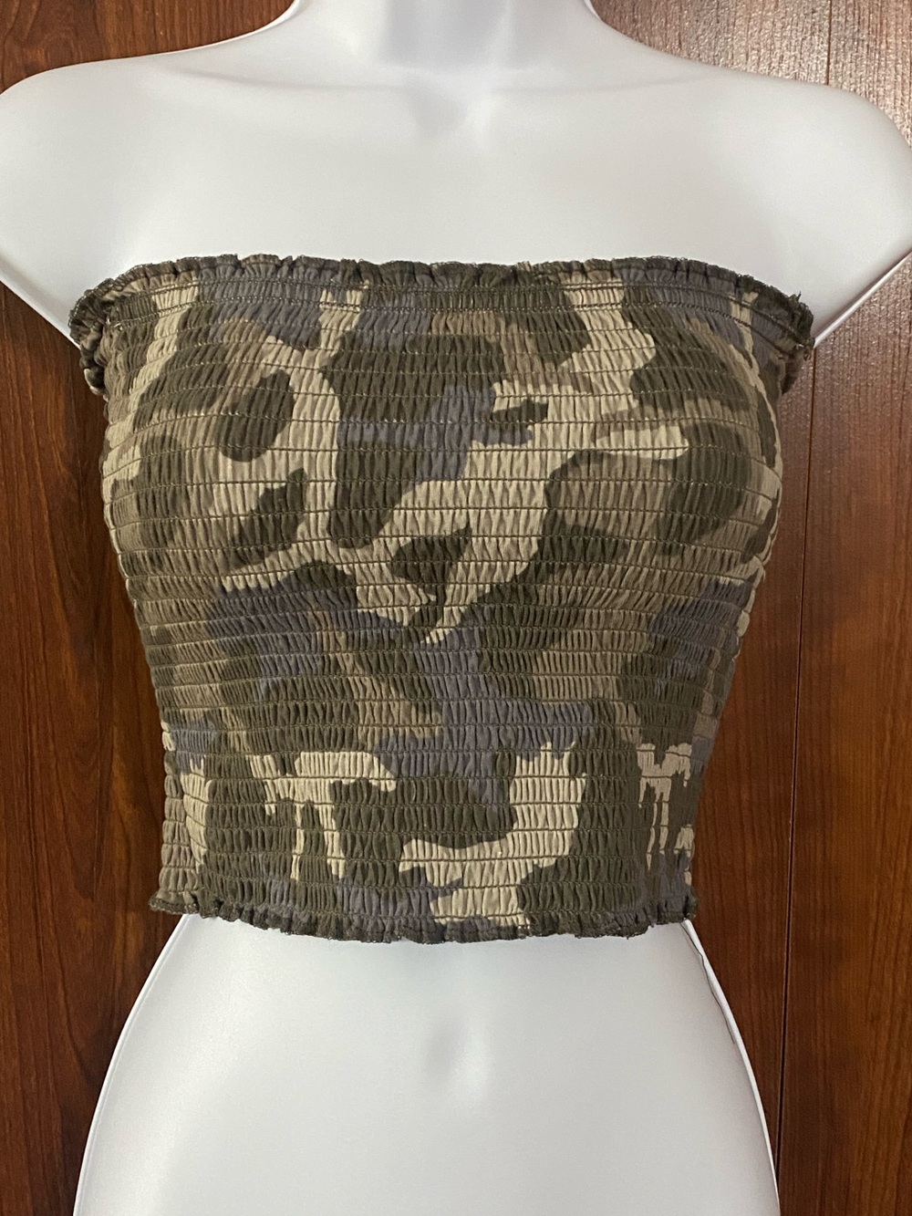 Zenana Outfitters Olive & Tan Camo Smocked Tube Crop Top